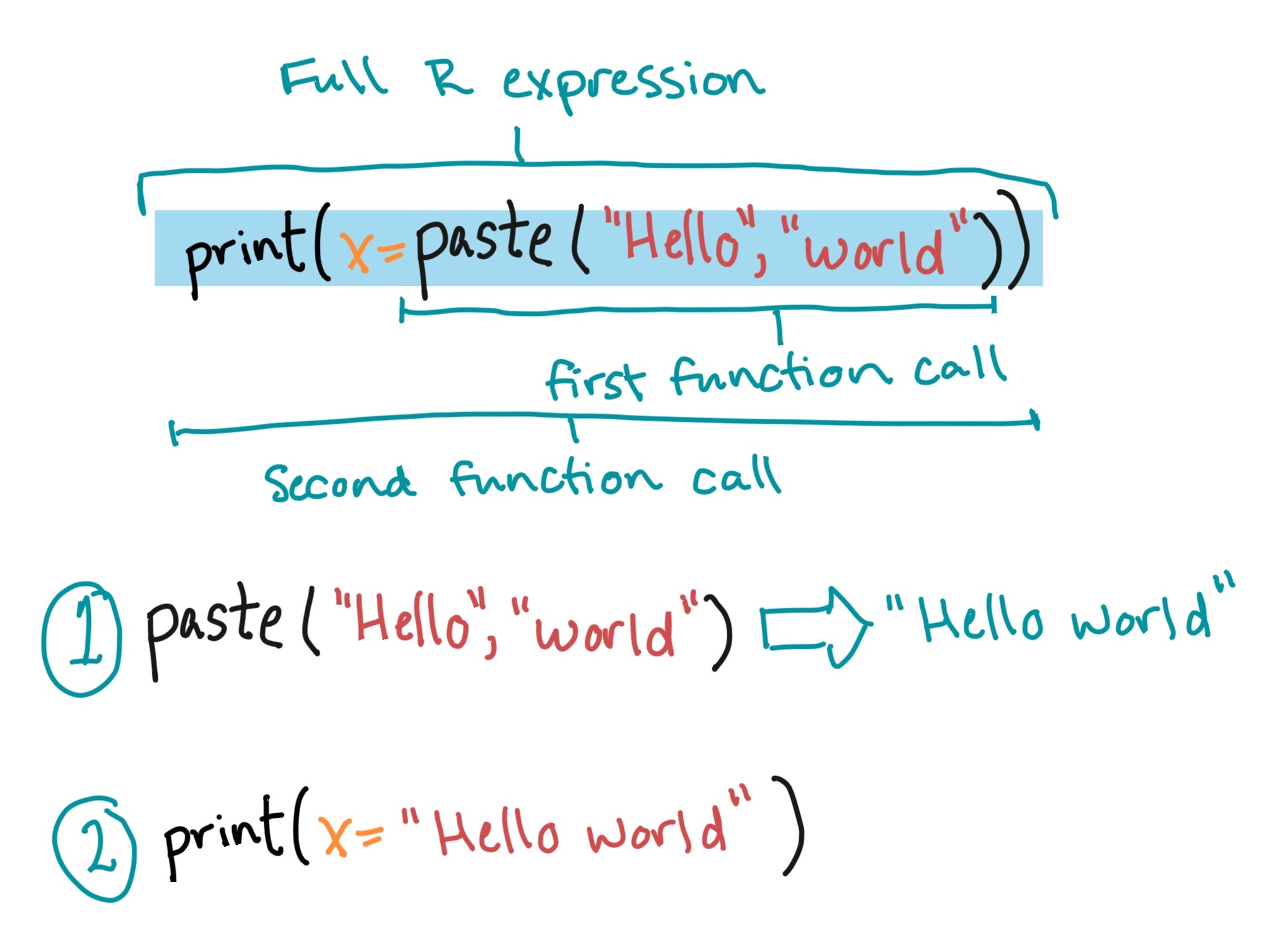 'Environment' pane in RStudio. This shows the names and first few values of all objects that have been assigned to object names in the global environment.