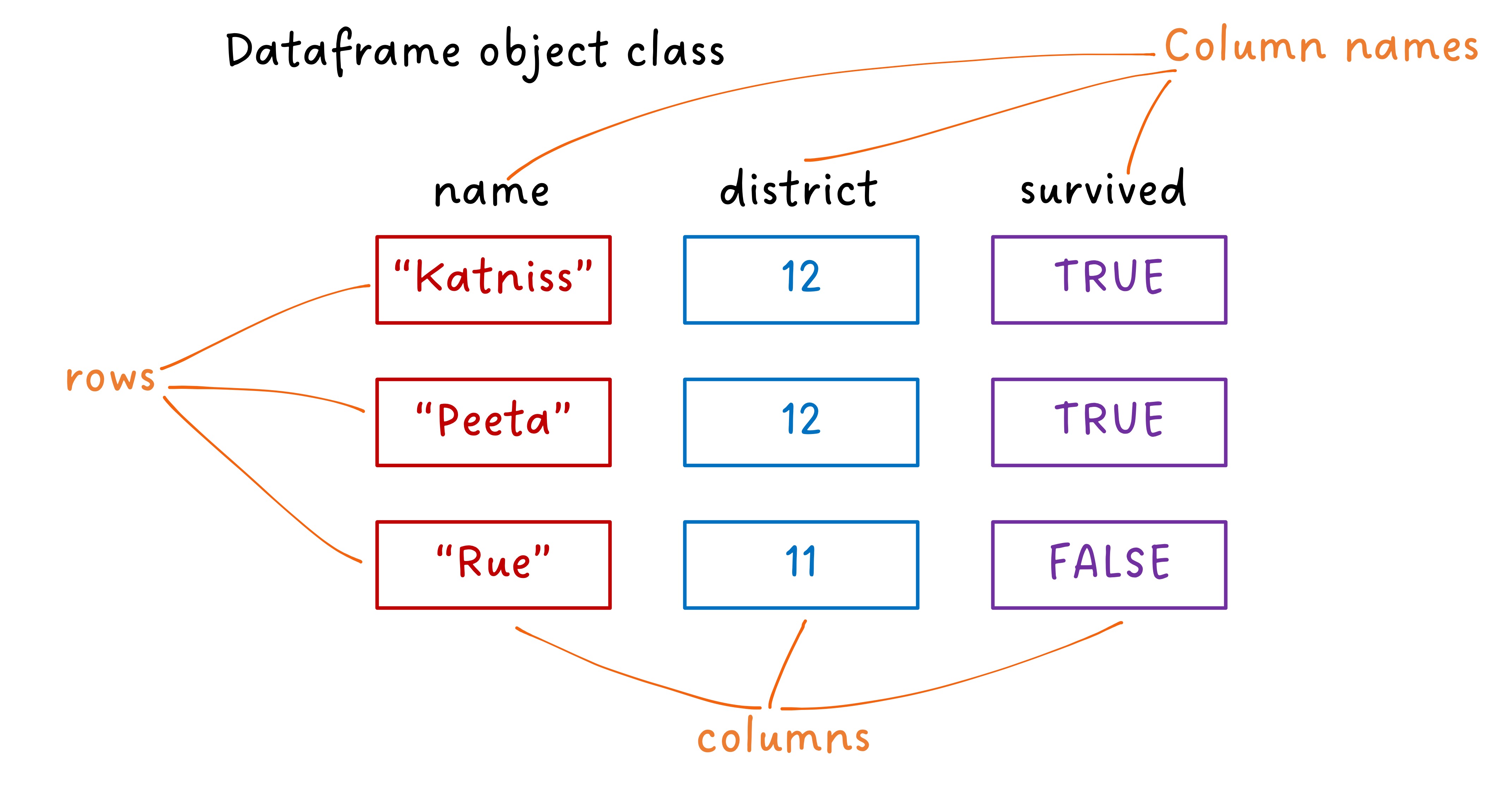 The elements of a dataframe: columns, rows, and column names.