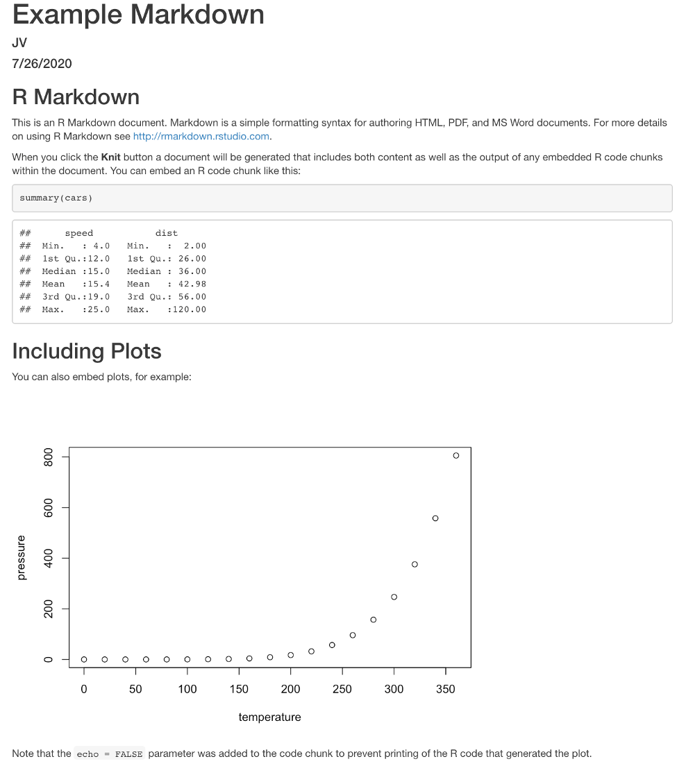 Example R Markdown when "rendered" into an html document.